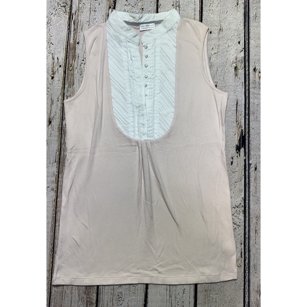 Brunello Cucinelli Women's Sleeveless Cotton Shirt Pleated Bib Pink White Large